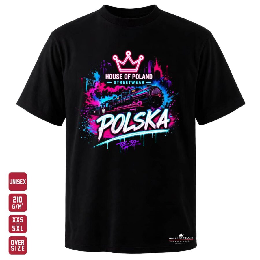 Koszulka Polska: Pociąg TR6-39: czarna koszulka unisex z nadrukiem, OVERSIZE 210 g/m²
