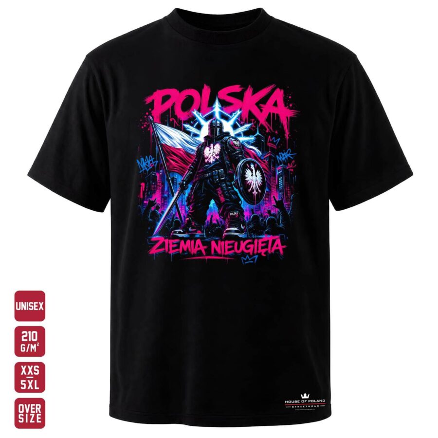 Koszulka Polska: Ziemia nieugięta: czarna koszulka unisex z nadrukiem, OVERSIZE 210 g/m²