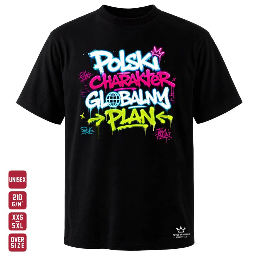 Czarna koszulka unisex OVERSIZE 210 g/m²: Polski charakter, globalny plan. Polski akcent i szeroka perspektywa.