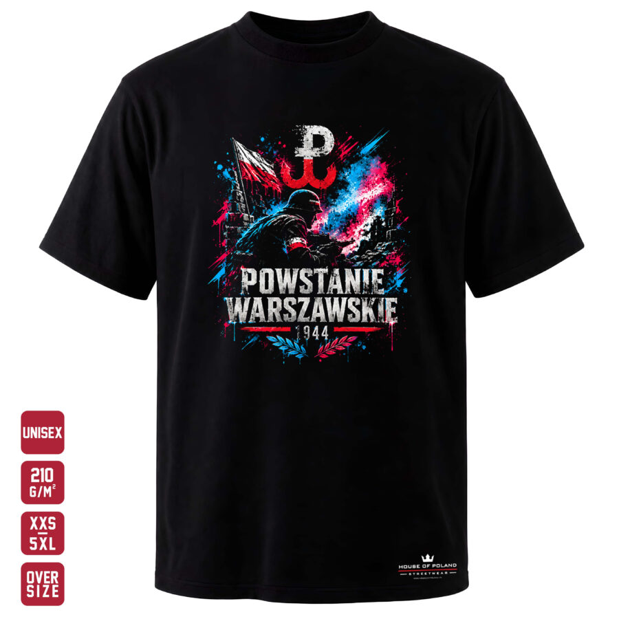 Czarna koszulka unisex Powstanie Warszawskie 1944 — Street — House of Poland, Oversize 210 g/m²