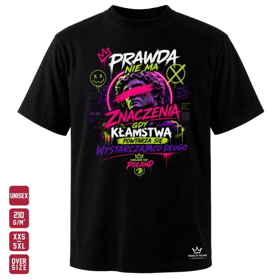 Czarna koszulka unisex OVERSIZE 210 g/m²: Prawda nie ma znaczenia. Mocny slogan w oprawie klasycznej rzeźby.