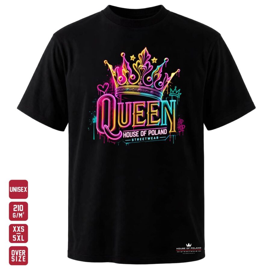 Czarna koszulka unisex OVERSIZE 210 g/m²: Queen: Neonowa korona. Królewski napis z kolorowym blaskiem.