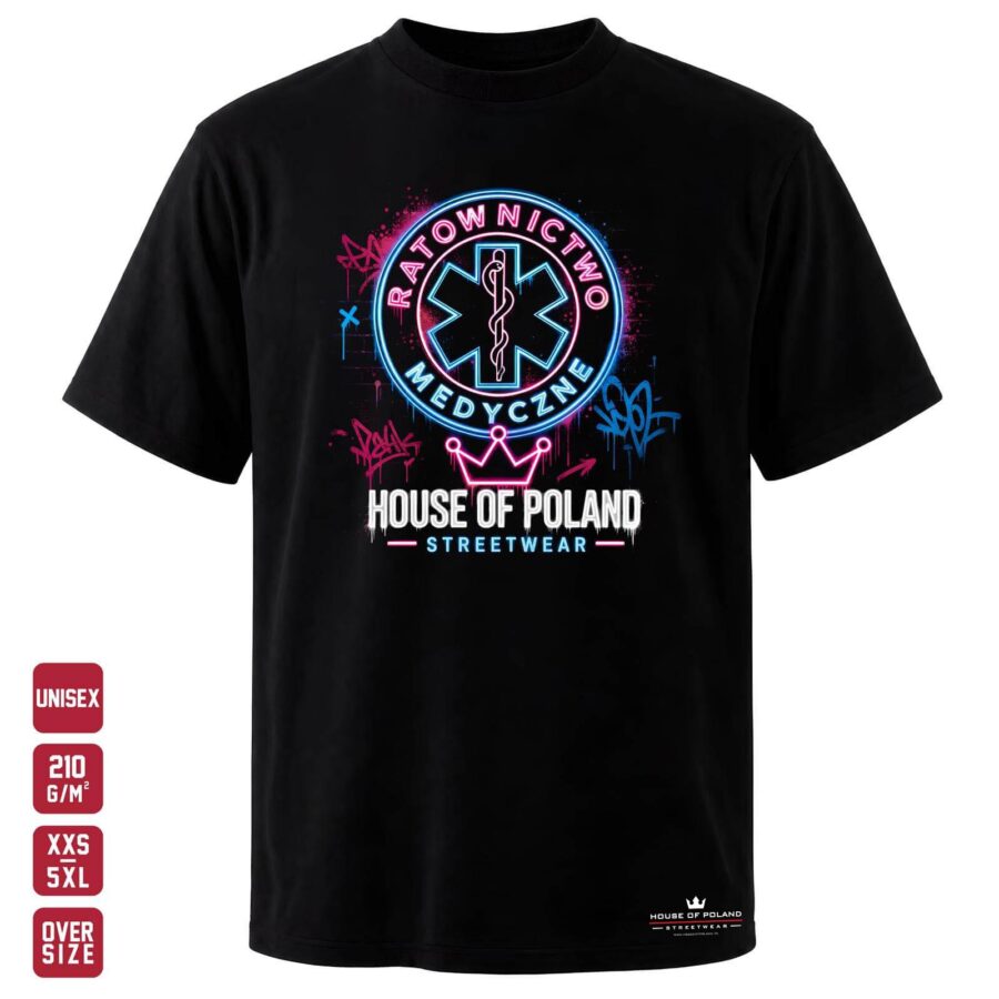 Czarna koszulka unisex OVERSIZE 210 g/m²: Ratownictwo medyczne. Symbol ratownictwa w neonowej oprawie.