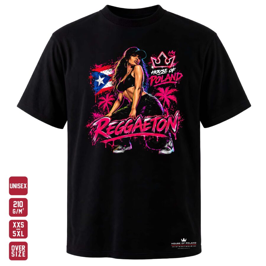 Czarna koszulka unisex Reggaeton HOP — Tancerka — House of Poland, Oversize 210 g/m²