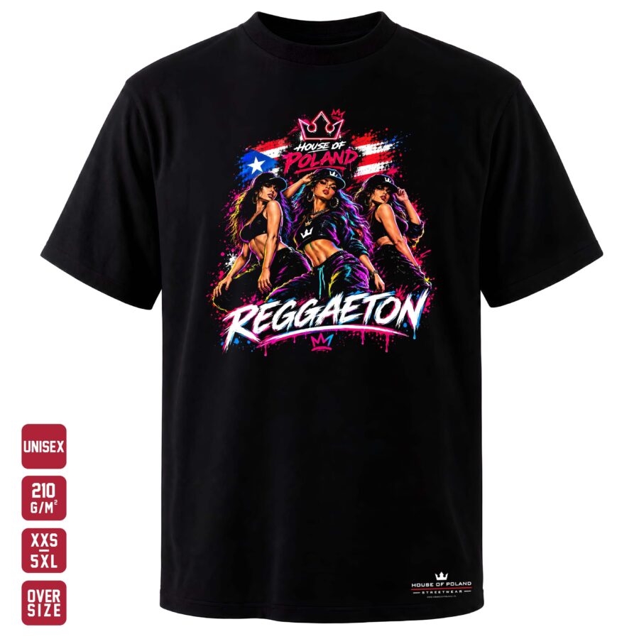 Czarna koszulka unisex Reggaeton HOP — Tancerki — House of Poland, Oversize 210 g/m²