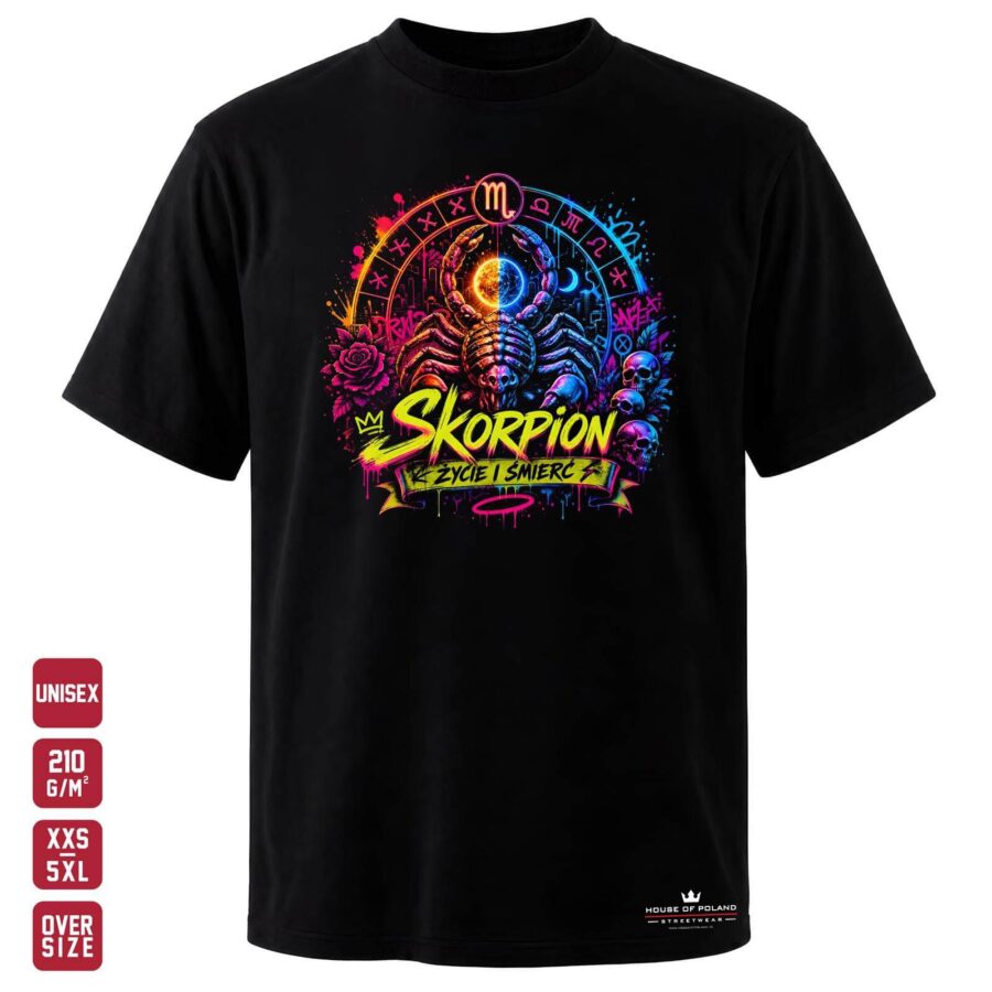 Czarna koszulka unisex OVERSIZE 210 g/m²: Skorpion: Życie i śmierć. Skorpion pomiędzy światłem a mrokiem.