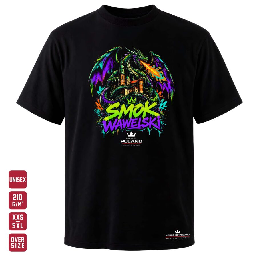 Czarna koszulka unisex Smok Wawelski — Neonowa legenda — House of Poland, Oversize 210 g/m²