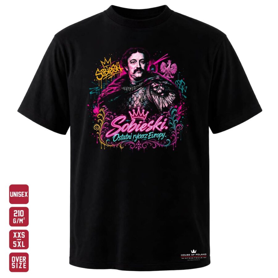 Koszulka Sobieski: Ostatni rycerz Europy: czarna koszulka unisex z nadrukiem, OVERSIZE 210 g/m²