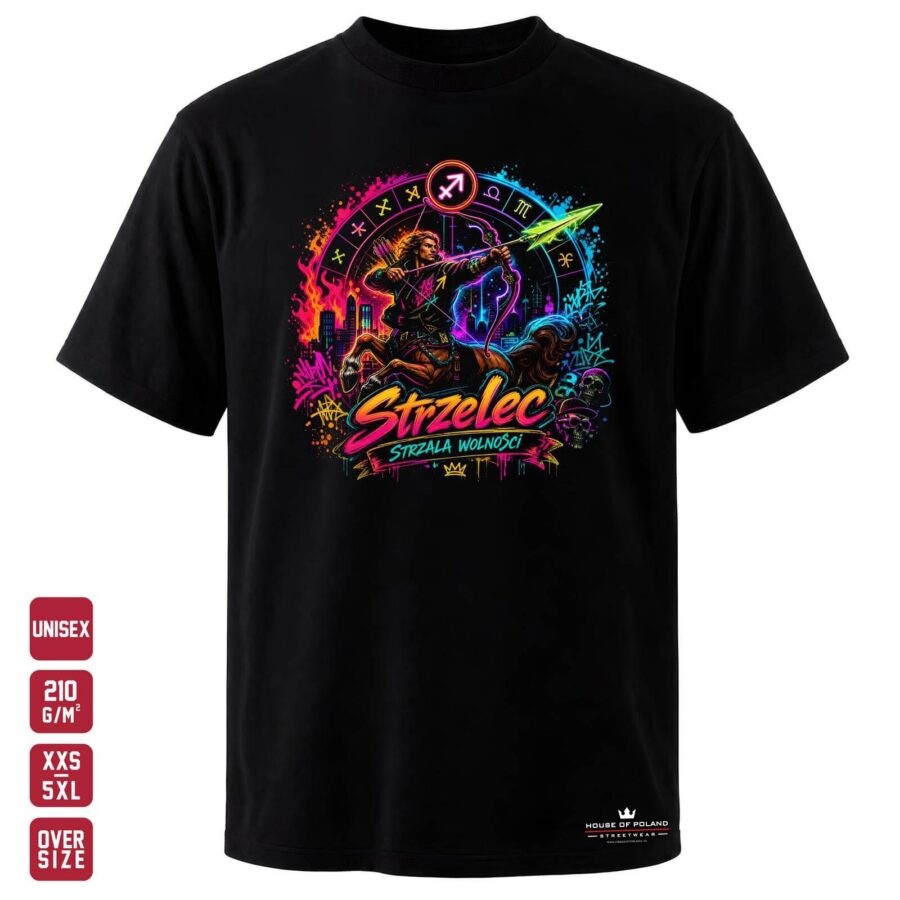 Czarna koszulka unisex OVERSIZE 210 g/m²: Strzelec: Strzała wolności. Zodiakalny łucznik w dynamicznym kadrze.