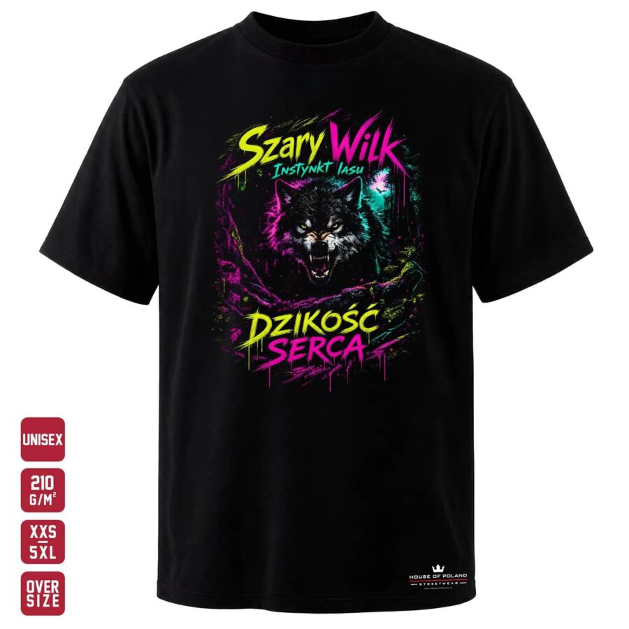 Koszulka Szary wilk: Dzikość serca: czarna koszulka unisex z nadrukiem, OVERSIZE 210 g/m²