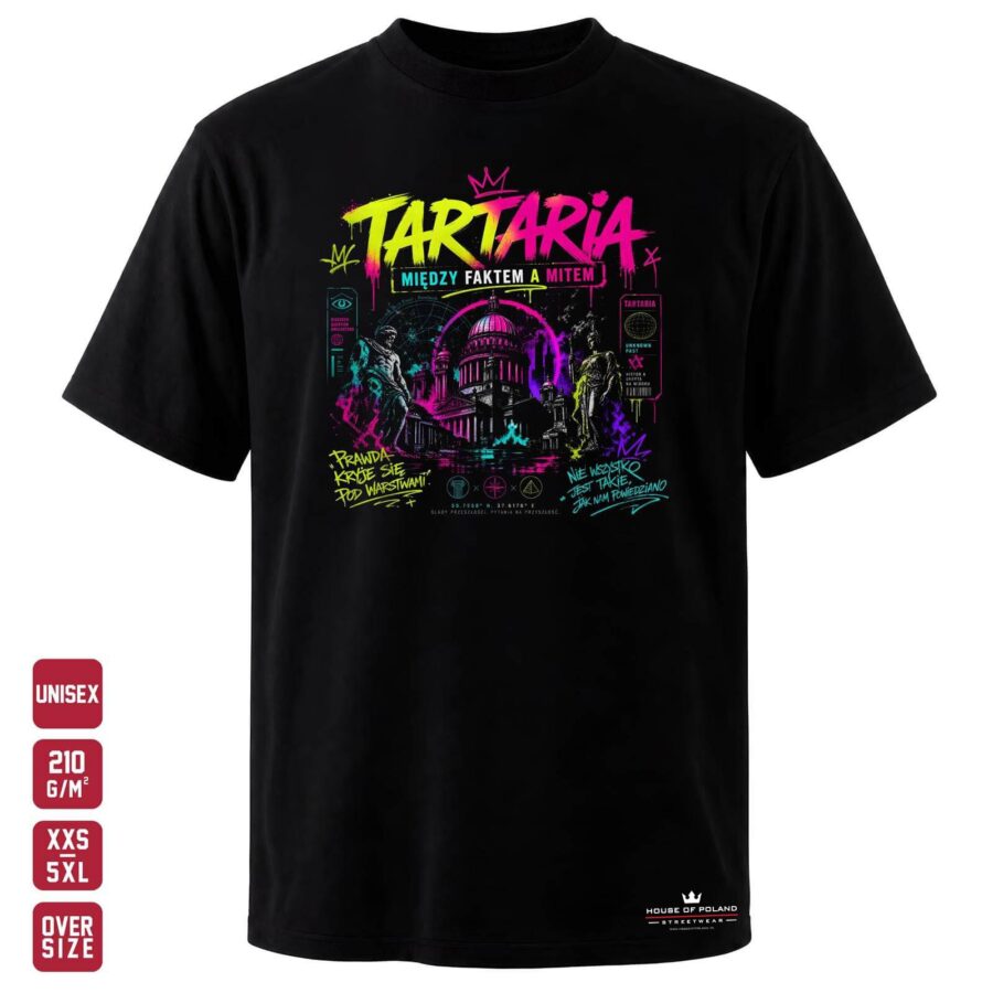 Czarna koszulka unisex OVERSIZE 210 g/m²: Tartaria: Między faktem a mitem. Architektura i dawne mapy w neonowej kompozycji.