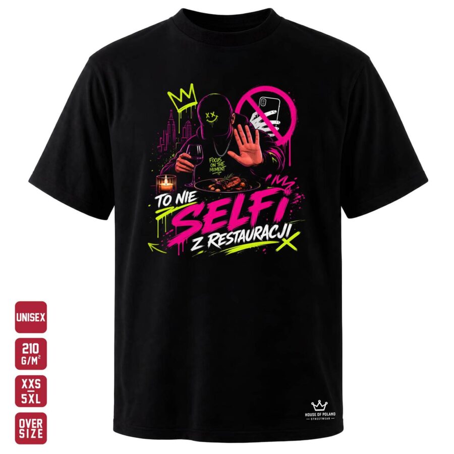 Czarna koszulka unisex OVERSIZE 210 g/m²: To nie selfi z restauracji. Liczy się moment przy stole.