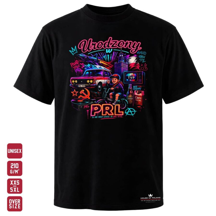 Czarna koszulka unisex OVERSIZE 210 g/m²: Urodzony w PRL: Neonowy kolaż retro. Samochód, rowerek i wspomnienia w neonowym kolażu.