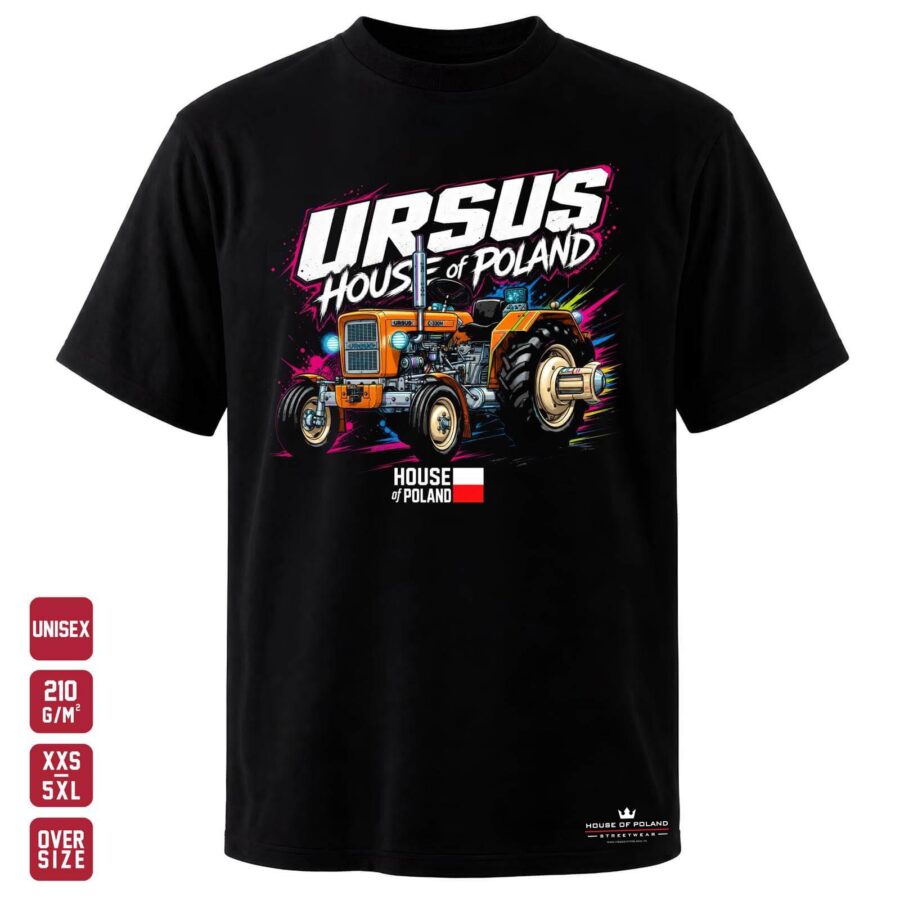 Koszulka Ursus: House of Poland: czarna koszulka unisex z nadrukiem, OVERSIZE 210 g/m²