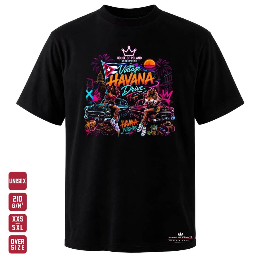 Koszulka Vintage Havana Drive: Havana Nights: czarna koszulka unisex z nadrukiem, OVERSIZE 210 g/m²