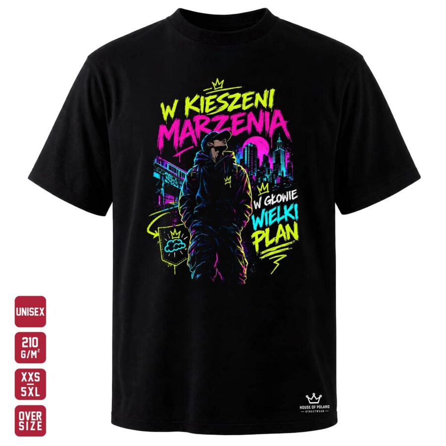 Czarna koszulka unisex OVERSIZE 210 g/m²: W kieszeni marzenia, w głowie wielki plan. Marzenia blisko, plany sięgają dalej.