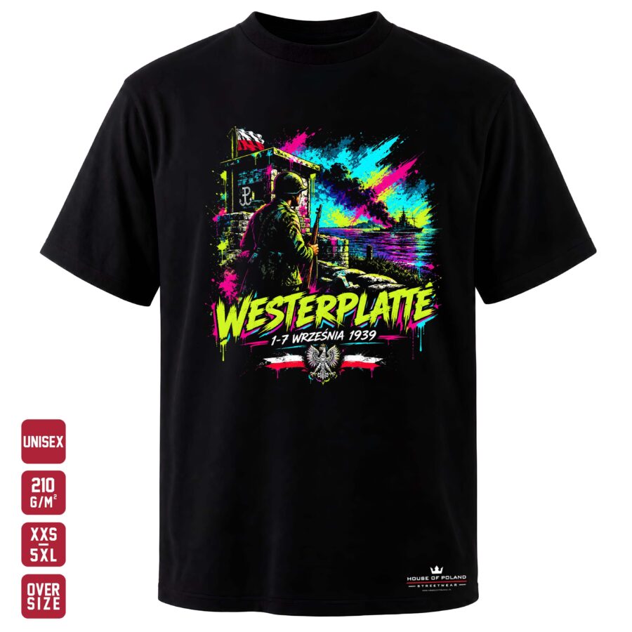 Czarna koszulka unisex Westerplatte — 1–7 września 1939 Street — House of Poland, Oversize 210 g/m²