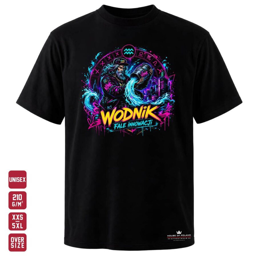 Czarna koszulka unisex OVERSIZE 210 g/m²: Wodnik: Fale innowacji. Błękitna woda na tle neonowego miasta.