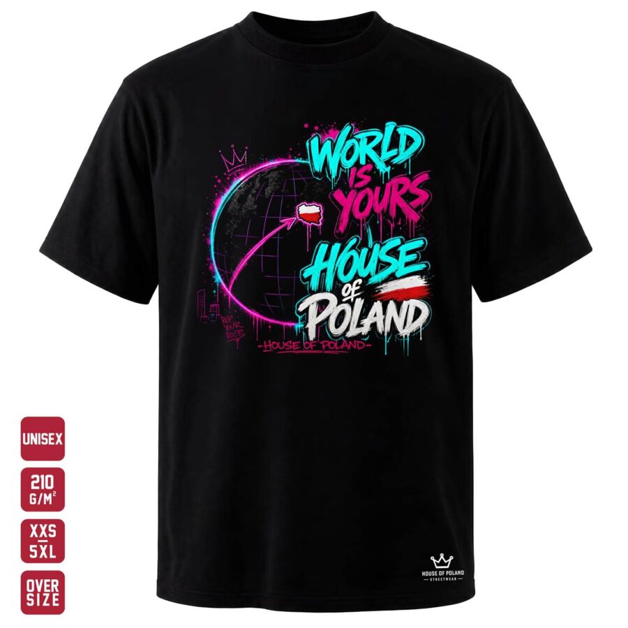 Czarna koszulka unisex OVERSIZE 210 g/m²: World Is Yours. Świat możliwości i polski akcent.