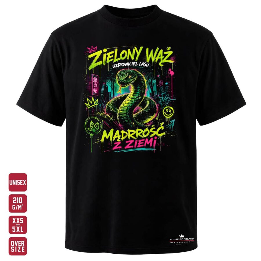 Koszulka Zielony wąż: Mądrość z ziemi: czarna koszulka unisex z nadrukiem, OVERSIZE 210 g/m²