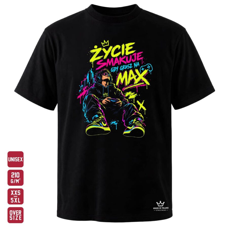 Czarna koszulka unisex OVERSIZE 210 g/m²: Życie smakuje, gdy grasz na max. Gaming i miejska energia w jednym kadrze.