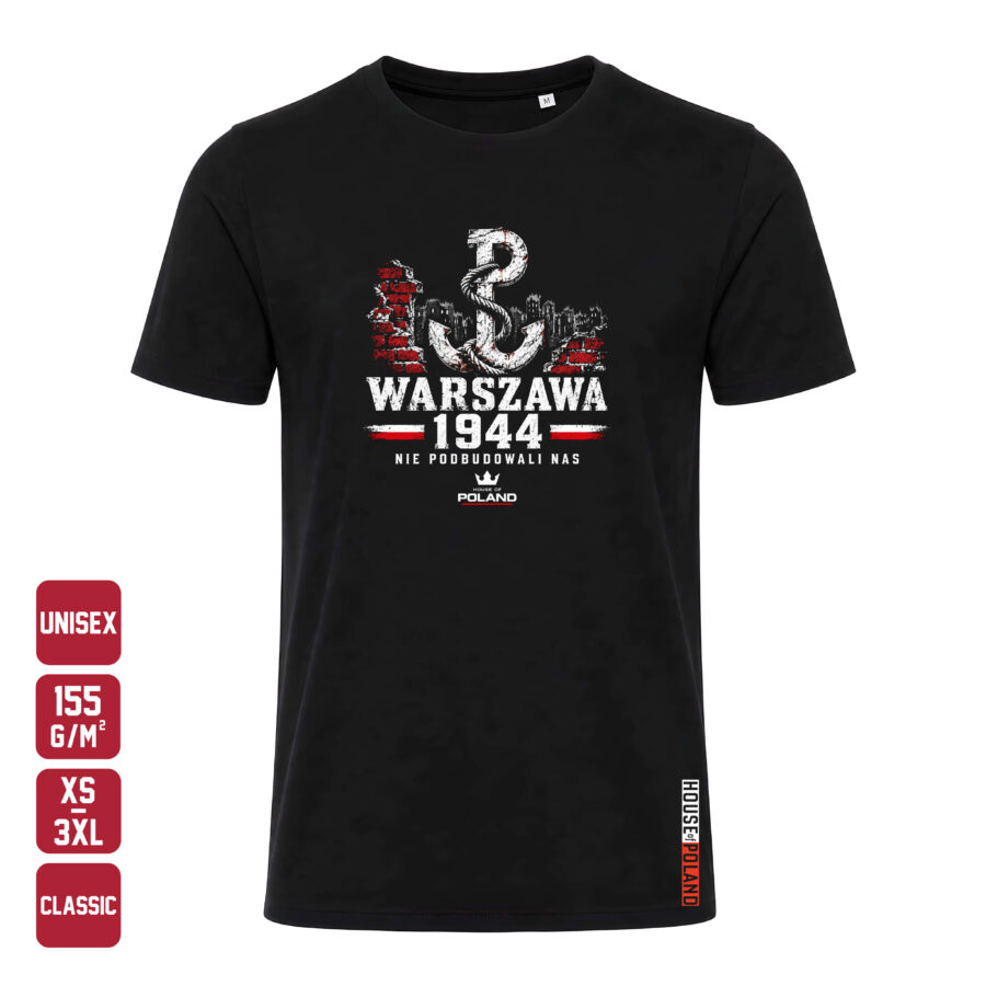 Czarna koszulka męska Warszawa 1944: Kotwica i ruiny — Classic 155 g/m², widok z przodu