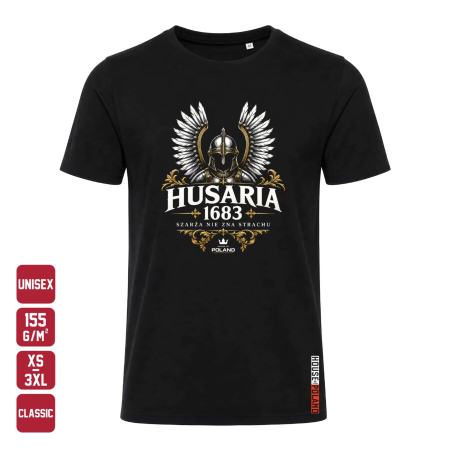 Czarna koszulka męska Husaria 1683: Szarża nie zna strachu — Classic 155 g/m², widok z przodu