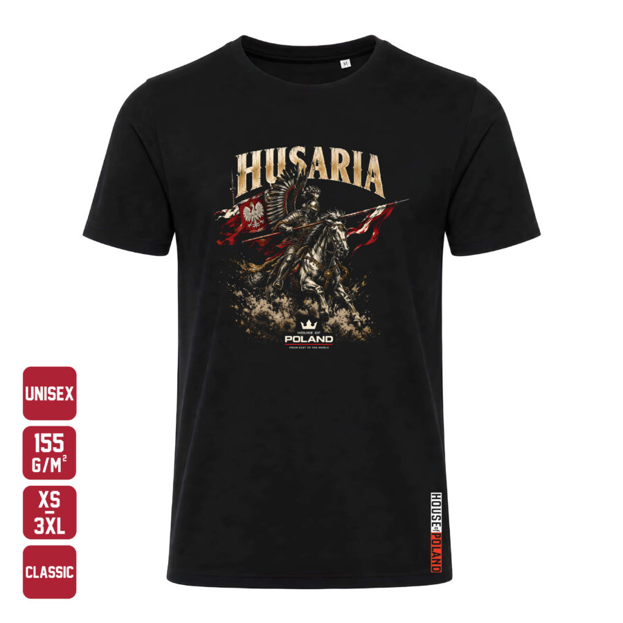 Czarna koszulka męska Husaria: House of Poland — Classic 155 g/m², widok z przodu