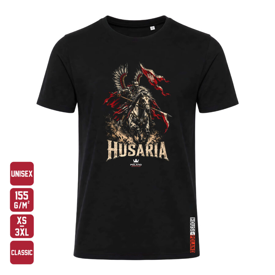 Czarna koszulka męska Husaria: Korona HOP — Classic 155 g/m², widok z przodu
