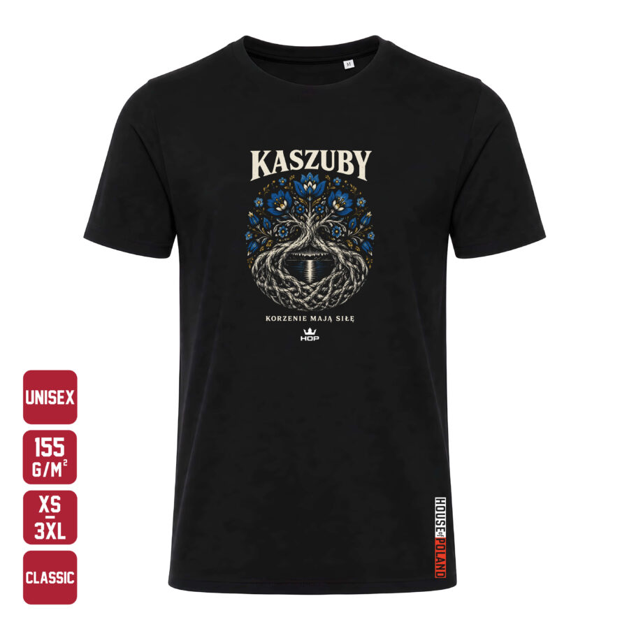 Czarna koszulka męska Kaszuby — Korzenie mają siłę — House of Poland, Classic 155 g/m²