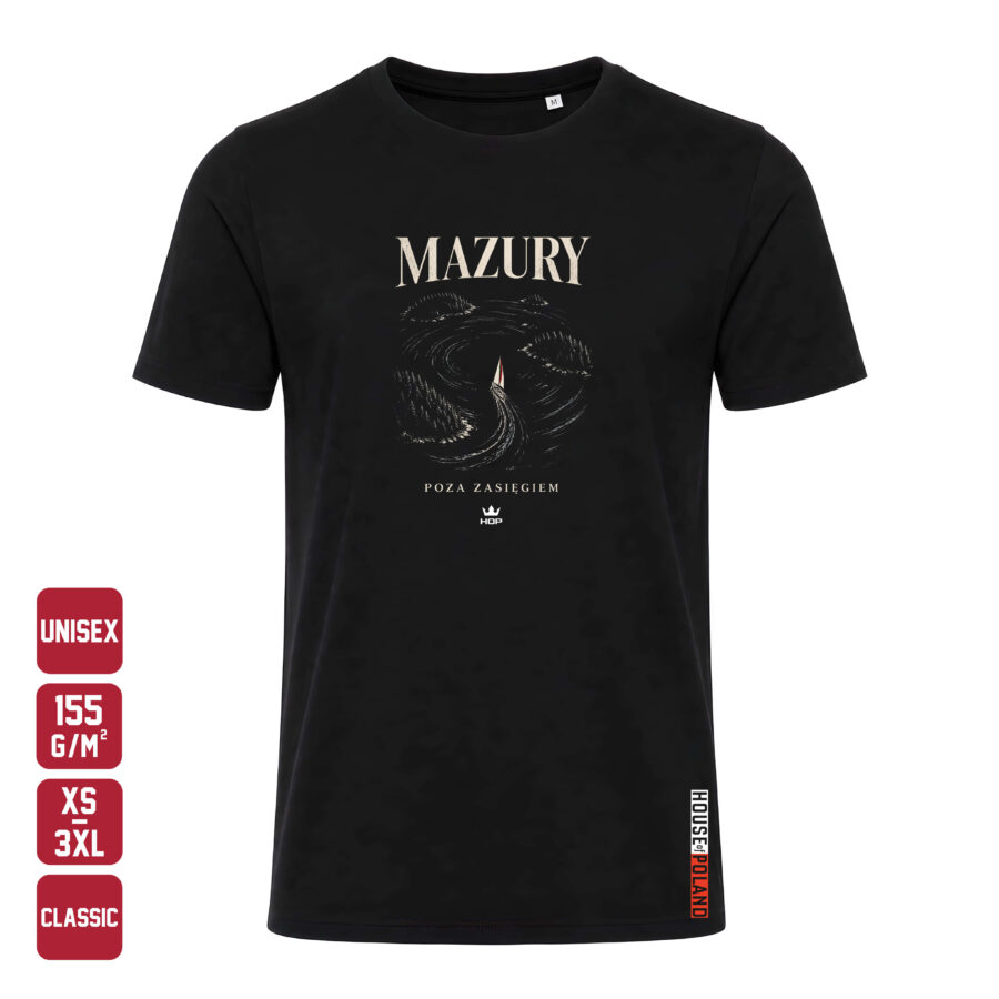 Czarna koszulka męska Mazury — Poza zasięgiem — House of Poland, Classic 155 g/m²