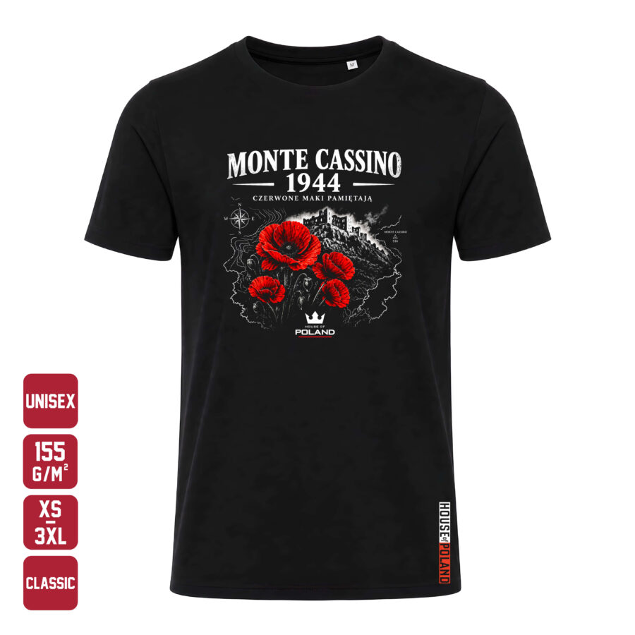 Czarna koszulka męska Monte Cassino 1944: Czerwone maki pamiętają — Classic 155 g/m², widok z przodu