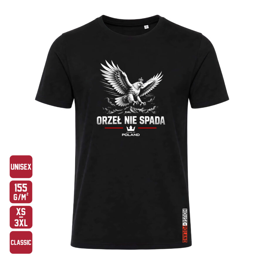 Czarna koszulka męska Orzeł nie spada — Classic 155 g/m², widok z przodu