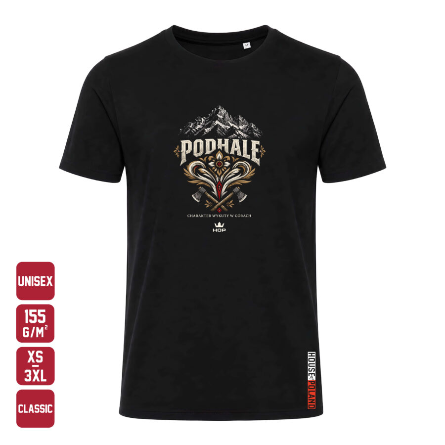Czarna koszulka męska Podhale — Charakter wykuty w górach — House of Poland, Classic 155 g/m²