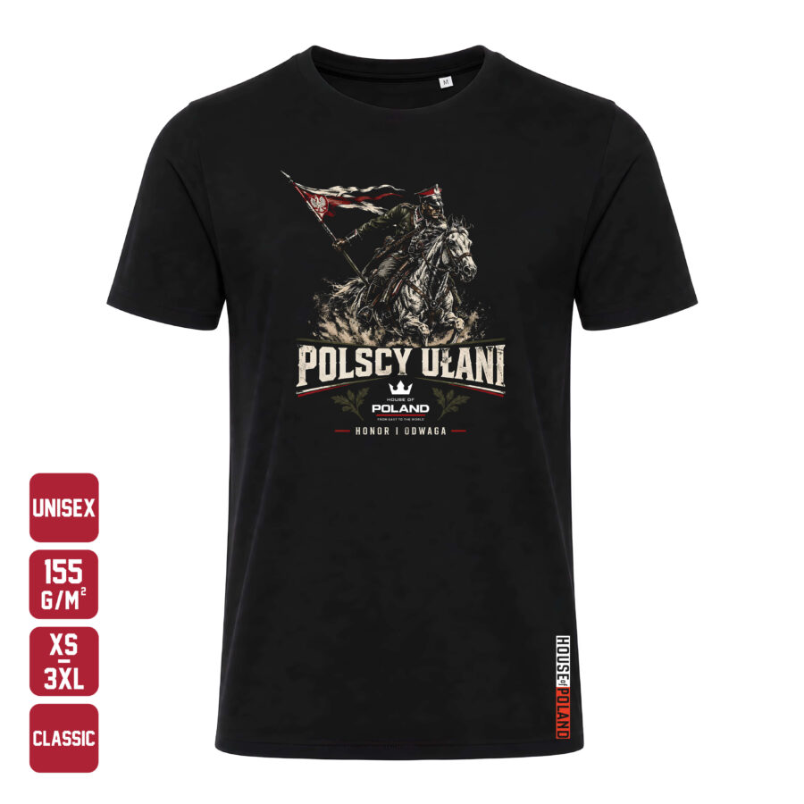 Czarna koszulka męska Polscy Ułani: Honor i odwaga — Classic 155 g/m², widok z przodu