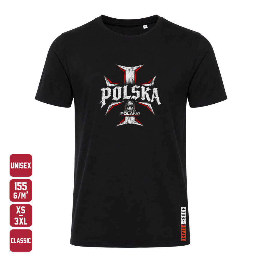 Czarna koszulka męska Polska: Krzyż HOP — Classic 155 g/m², widok z przodu