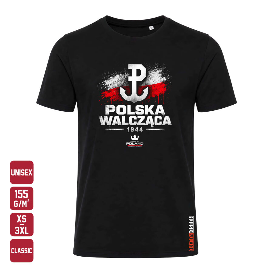Czarna koszulka męska Polska Walcząca 1944: Biało-czerwone smugi — Classic 155 g/m², widok z przodu