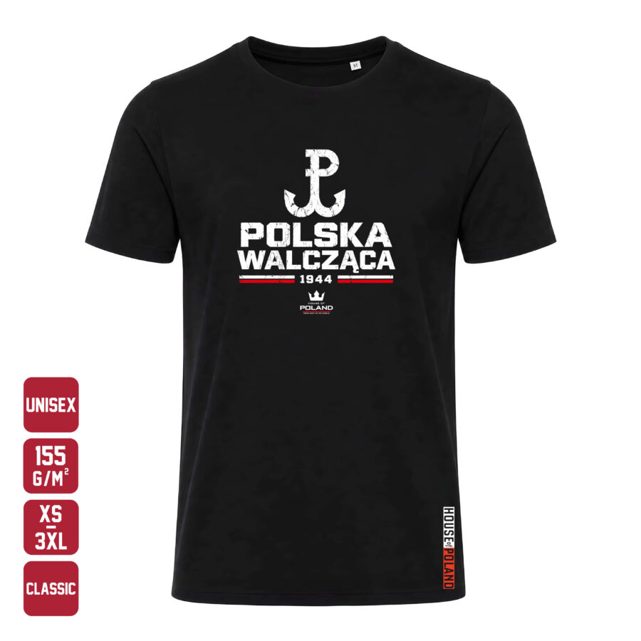 Czarna koszulka męska Polska Walcząca 1944: Klasyczny znak — Classic 155 g/m², widok z przodu