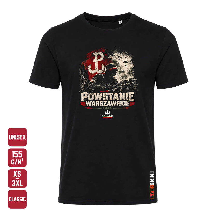 Czarna koszulka męska Powstanie Warszawskie 1944 — Classic 155 g/m², widok z przodu
