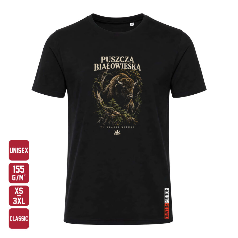 Czarna koszulka męska Puszcza Białowieska — Tu rządzi natura — House of Poland, Classic 155 g/m²