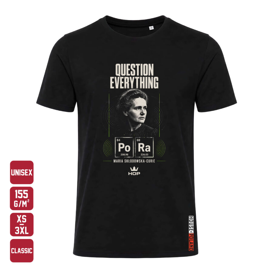 Czarna koszulka męska Question Everything: Maria Skłodowska-Curie — Classic 155 g/m², widok z przodu
