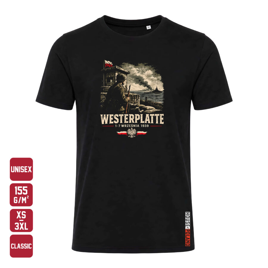 Czarna koszulka męska Westerplatte: 1–7 września 1939 — Classic 155 g/m², widok z przodu
